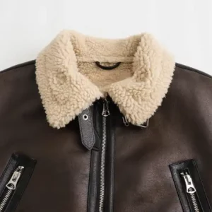 Turn Down Collar Brown Zipper Fly Long Sleeve Casual Fashion Winter Leather Jackets for Women 1