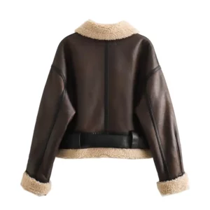 Turn Down Collar Brown Zipper Fly Long Sleeve Casual Fashion Winter Leather Jackets for Women