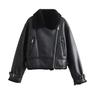 Turn Down Collar Zipper Fly Long Sleeve Black Casual Fashion Leather Biker Jacket for Women Full Front