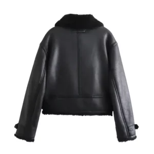 Turn Down Collar Zipper Fly Long Sleeve Black Casual Fashion Leather Biker Jacket for Women Full Back