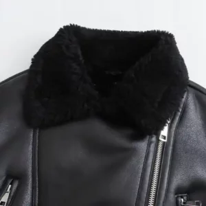 Turn Down Collar Zipper Fly Long Sleeve Black Casual Fashion Leather Biker Jacket for Women Collar